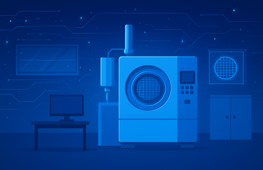 AI-generated flat illustration of a semiconductor fabrication cleanroom with lithography and etching equipment in a futuristic style.