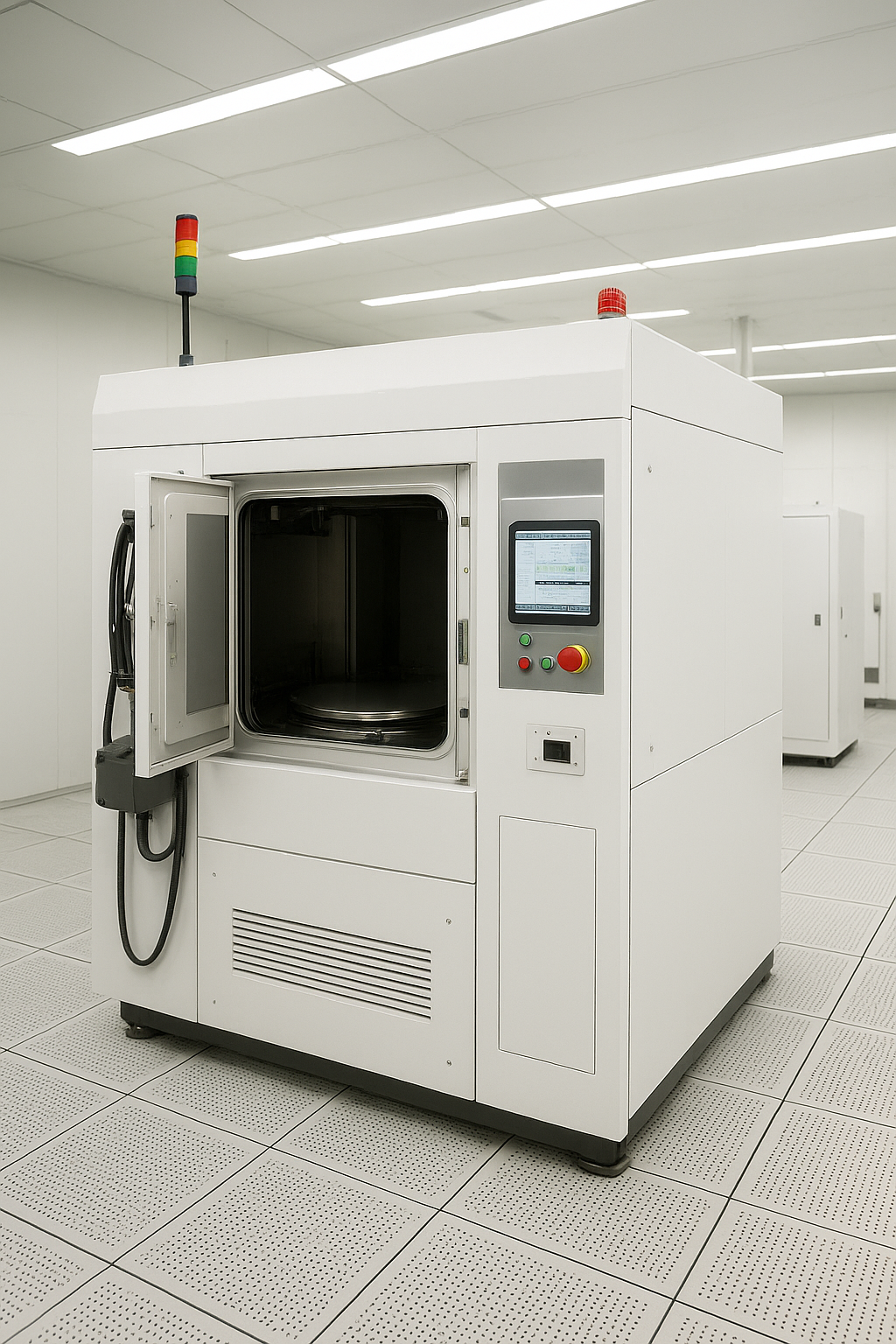 Photorealistic AI-generated image of semiconductor lithography and etching machine inside a cleanroom, showing advanced manufacturing equipment.